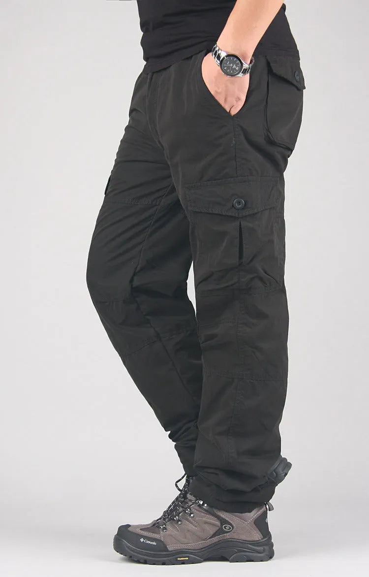 Men's cotton velvet overalls with wool lining in khaki, black, and army green colours showing loose straight leg design