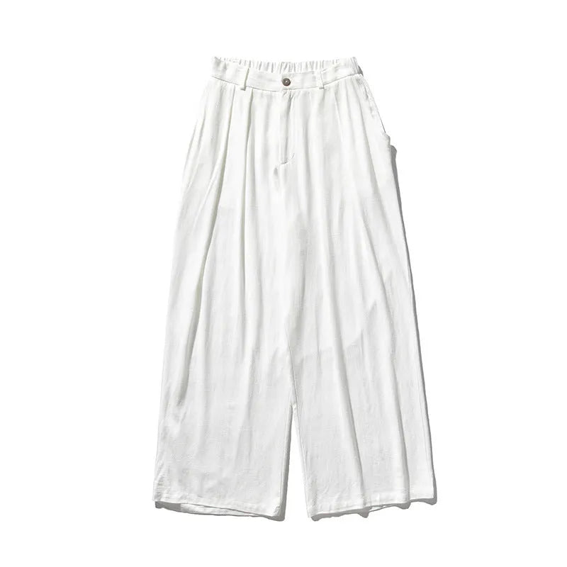 Men's linen straight casual trousers in beige, drawstring waist, crumple texture, full length view