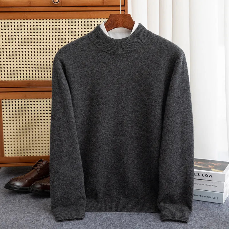 Men's half-collar wool sweater in a loose fit, shown in a choice of colours including black, brown, camel, and grey.