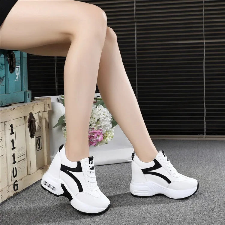 Women's wedge platform height increasing shoes with PU upper, round toe, 6-8cm heel, available in white, black and pink