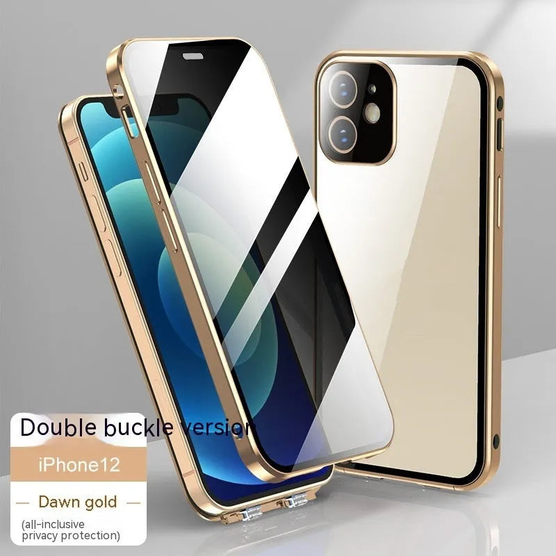 Glass iPhone case with double-sided buckle in multiple colour options on a table.