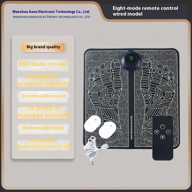 Blue rechargeable foot reflexology massager mat with remote control on a wooden floor.
