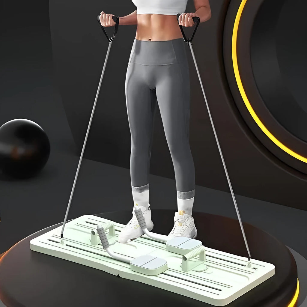 Purple foldable PP plastic belly panel fitness board laid flat on a floor.