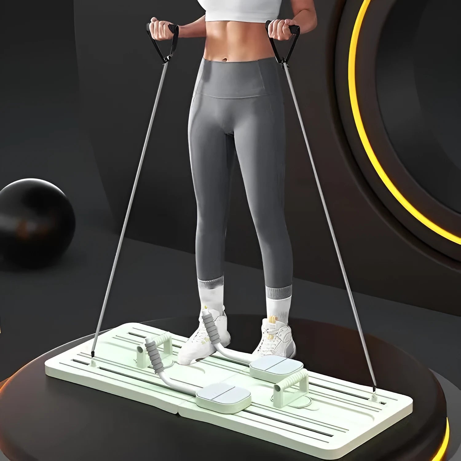Purple foldable PP plastic belly panel fitness board laid flat on a floor.