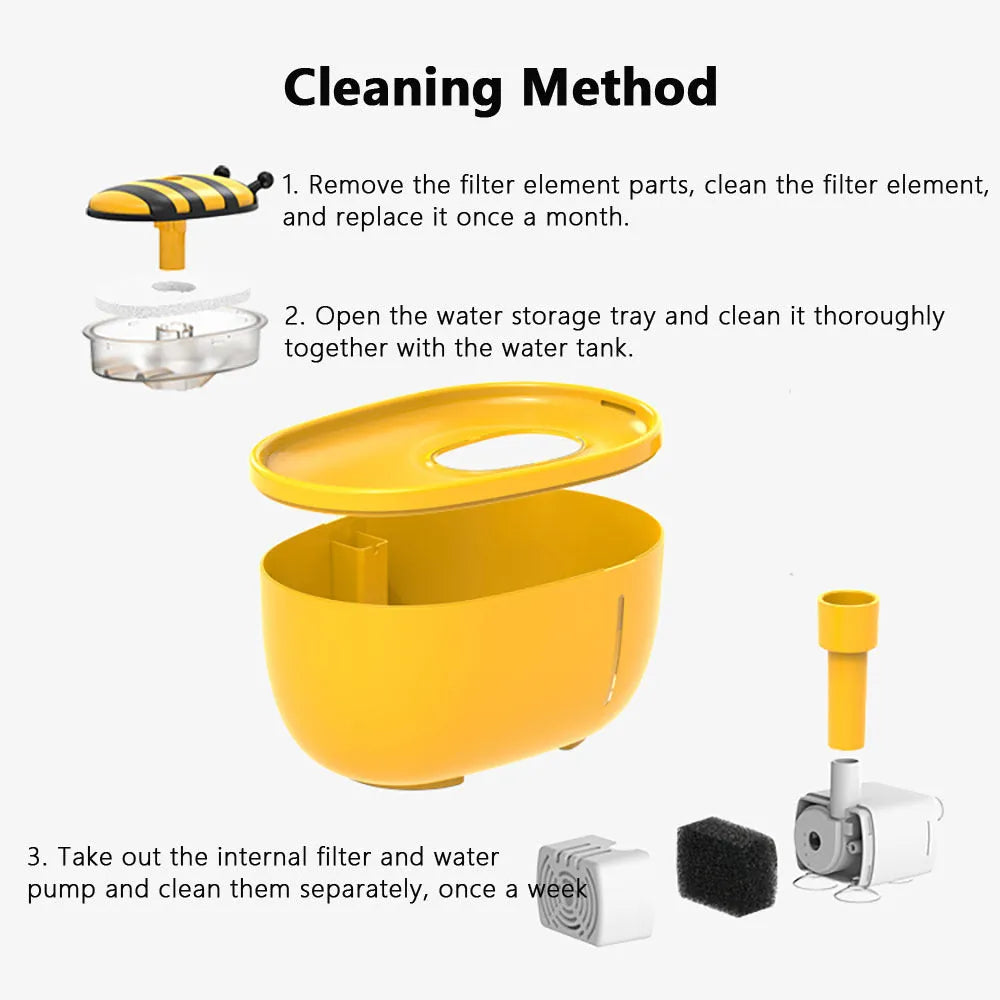 Yellow automatic cat water fountain with filter and USB cable on anti-slip base.