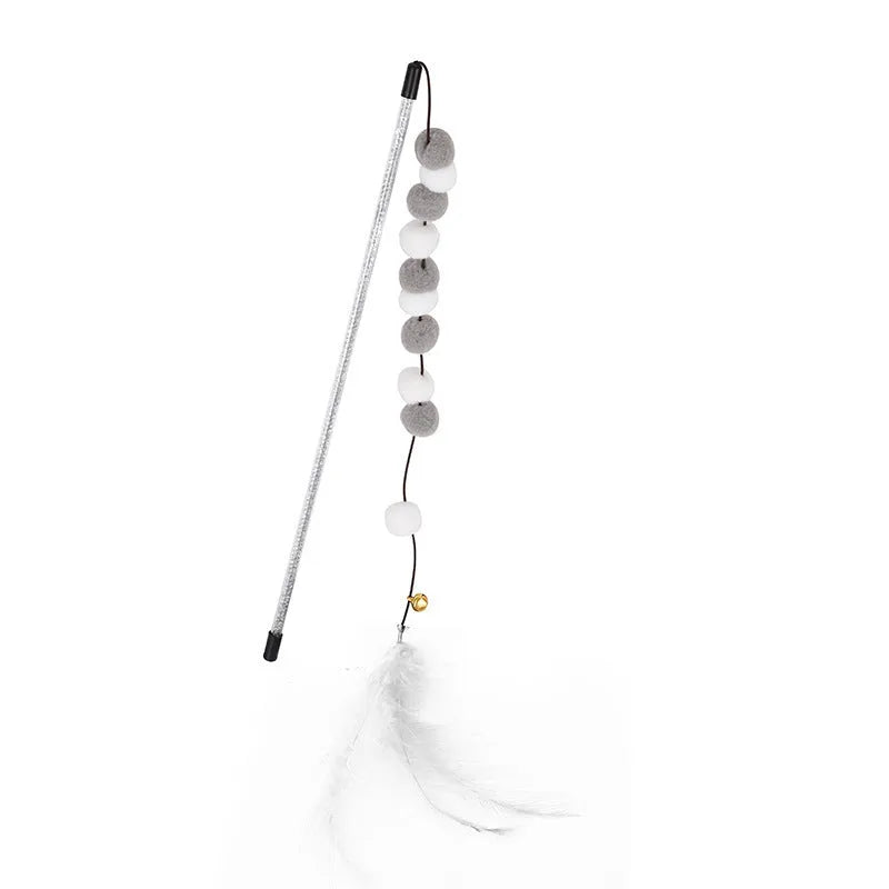 Grey, yellow and blue cat teaser rod with bell and feather attachment, 31cm long