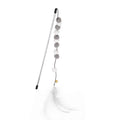Grey, yellow and blue cat teaser rod with bell and feather attachment, 31cm long