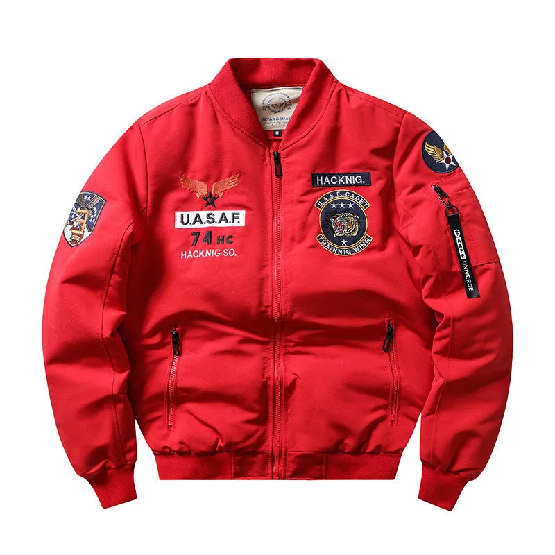 Slim-fit stand collar retro embroidery cotton-padded coat in blue colour with patch pockets