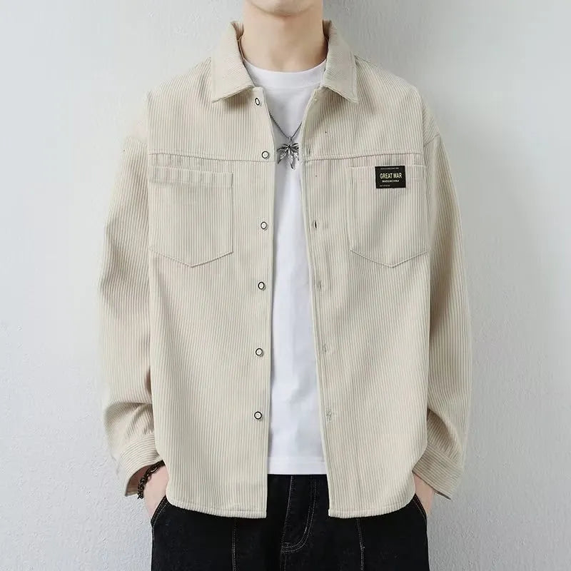 Men's corduroy jacket in khaki, shown as a long-sleeved cardigan shirt