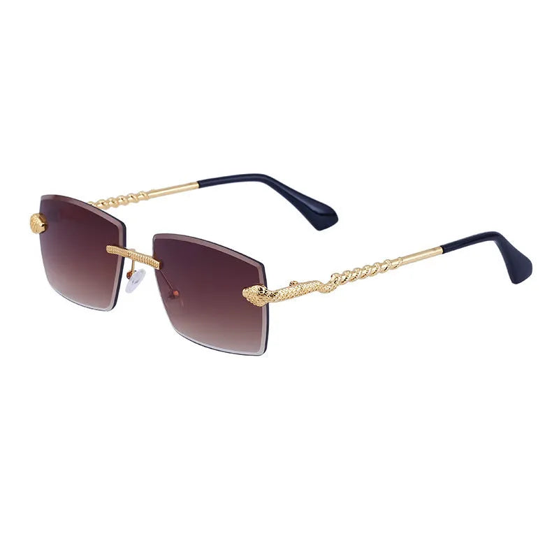 Fashion rimless sunglasses for men UV400 PC lens golden tea wood grain bag pollen tablet