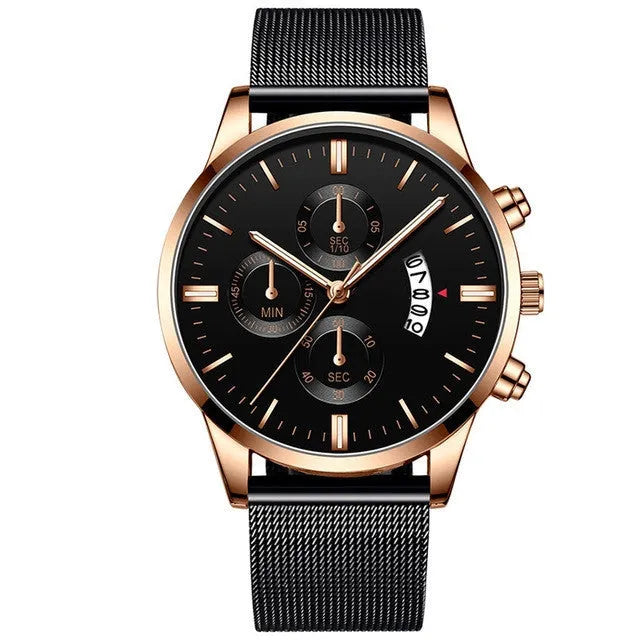 Men's stainless steel mesh band quartz watch with analog display in multiple colour options