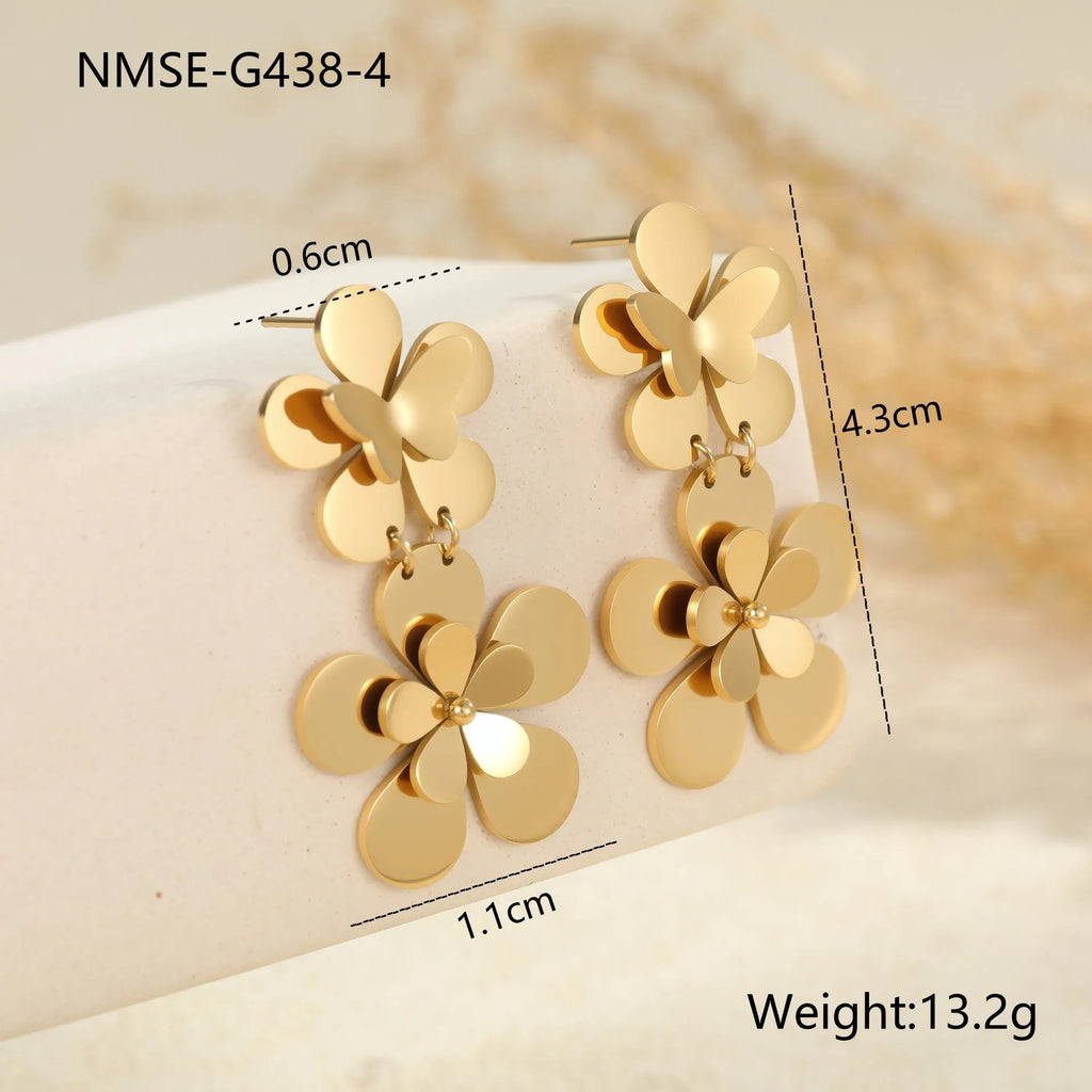 Gold flower butterfly stainless steel earrings with geometric animal zodiac designs for women