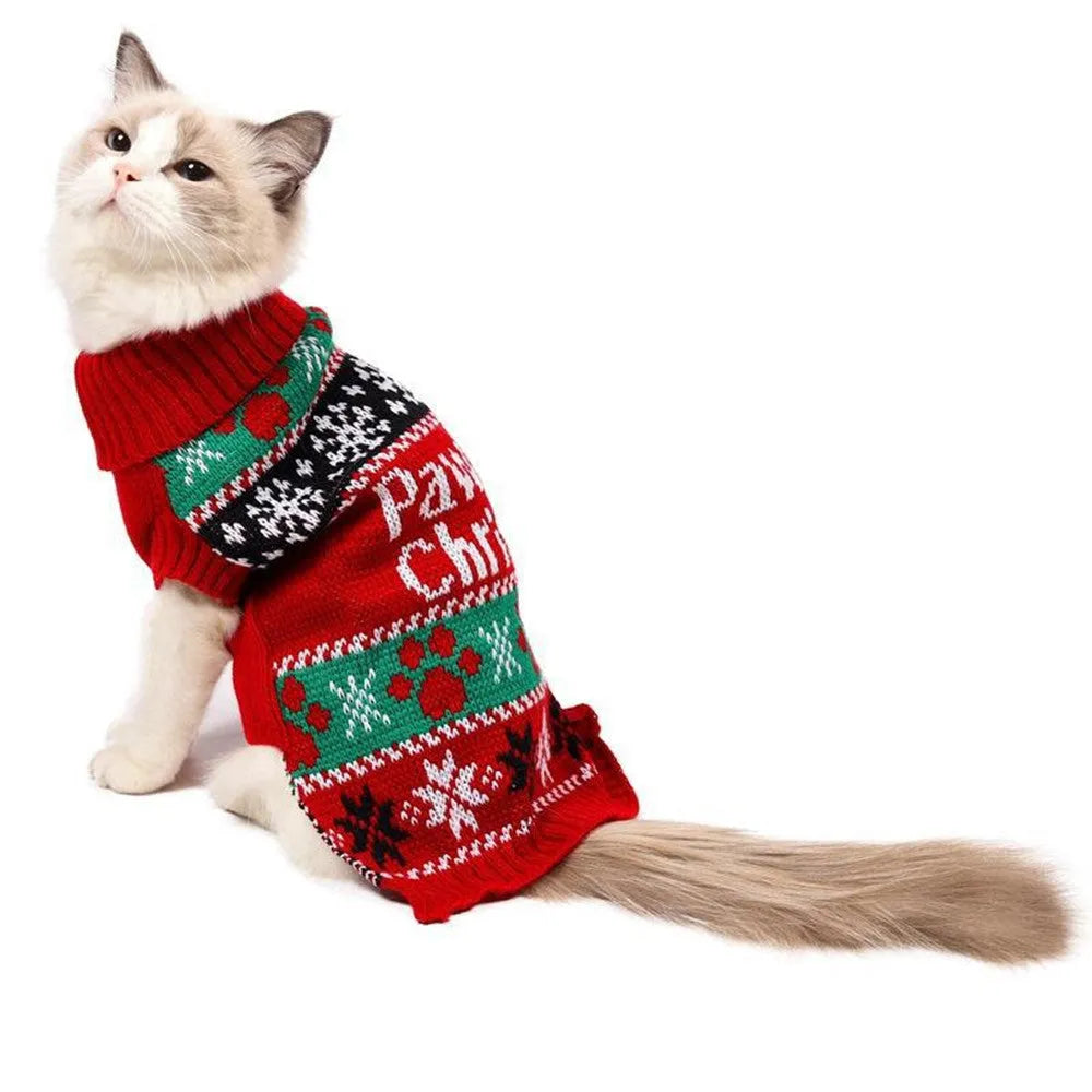 Red high-neck contrast colour acrylic sweater for dogs on a white background, sizes XS to XL