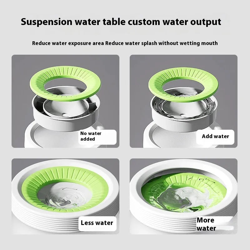 Suspended pet water bowl with non-wet mouth design in green colour showing bowl and base plate