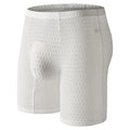 Men's solid colour lace boxer shorts on a white background, showing the textured fabric and hip-lifting shape.