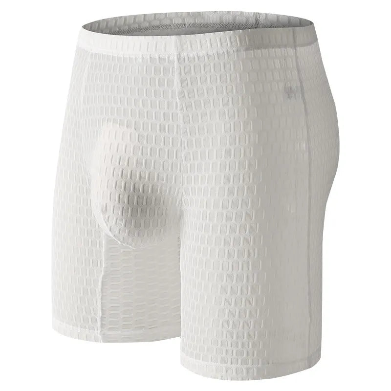 Men's solid colour lace boxer shorts on a white background, showing the textured fabric and hip-lifting shape.