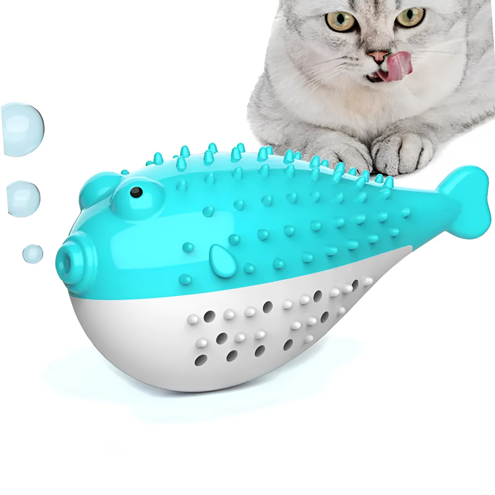 Mint Toys blue silicone fish-shaped cat chew toy and teaser on a white background.