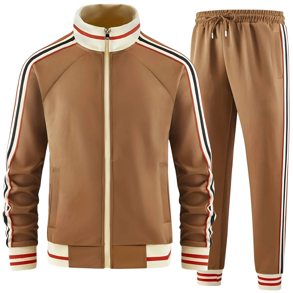 Khaki coloured polyester turtleneck zip cardigan and matching trousers suit laid flat.