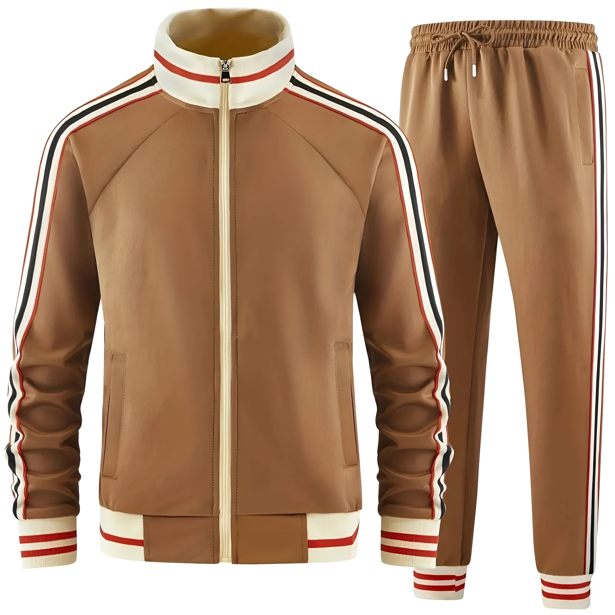 Khaki coloured polyester turtleneck zip cardigan and matching trousers suit laid flat.