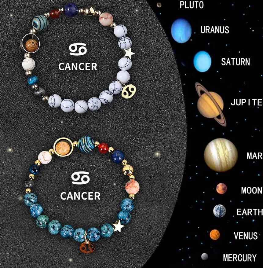 Two natural stone beaded bracelets with adjustable cords on a surface, representing a zodiac sign jewellery set.