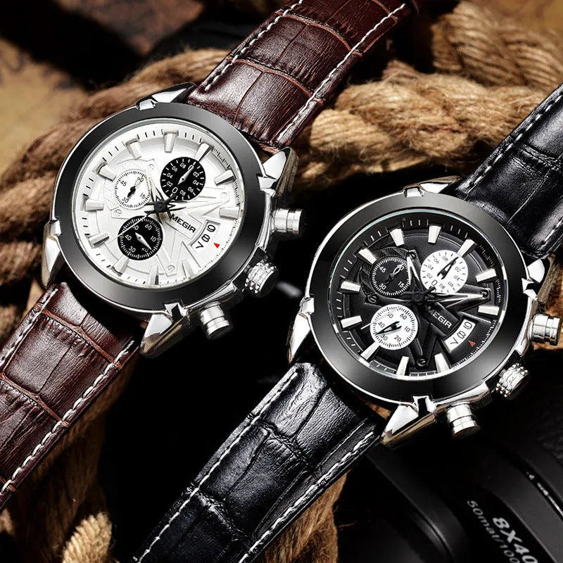 Men's quartz watch with three subdials, luminous hands, waterproof construction in black or brown colour options