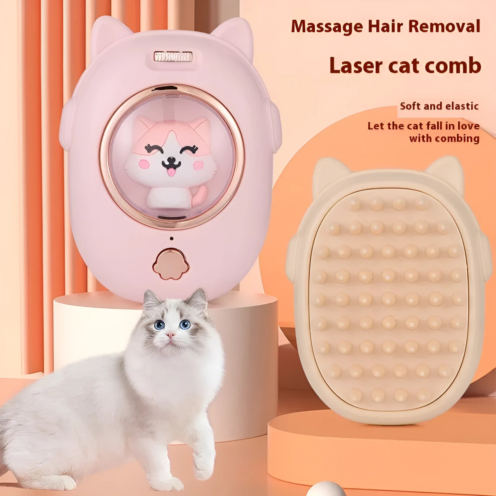 Pink and yellow ABS plastic pet comb with integrated laser toy function for cats and dogs