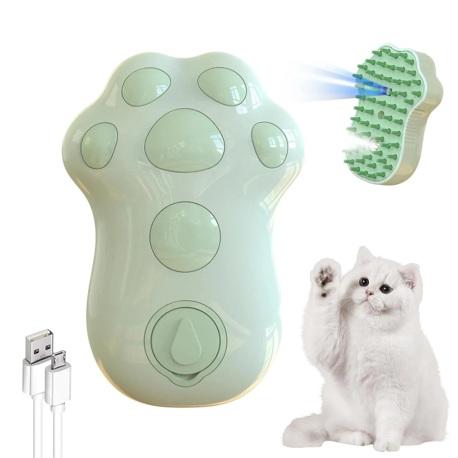 Blue self-cleaning cat steam brush with silicone head and water spray function.