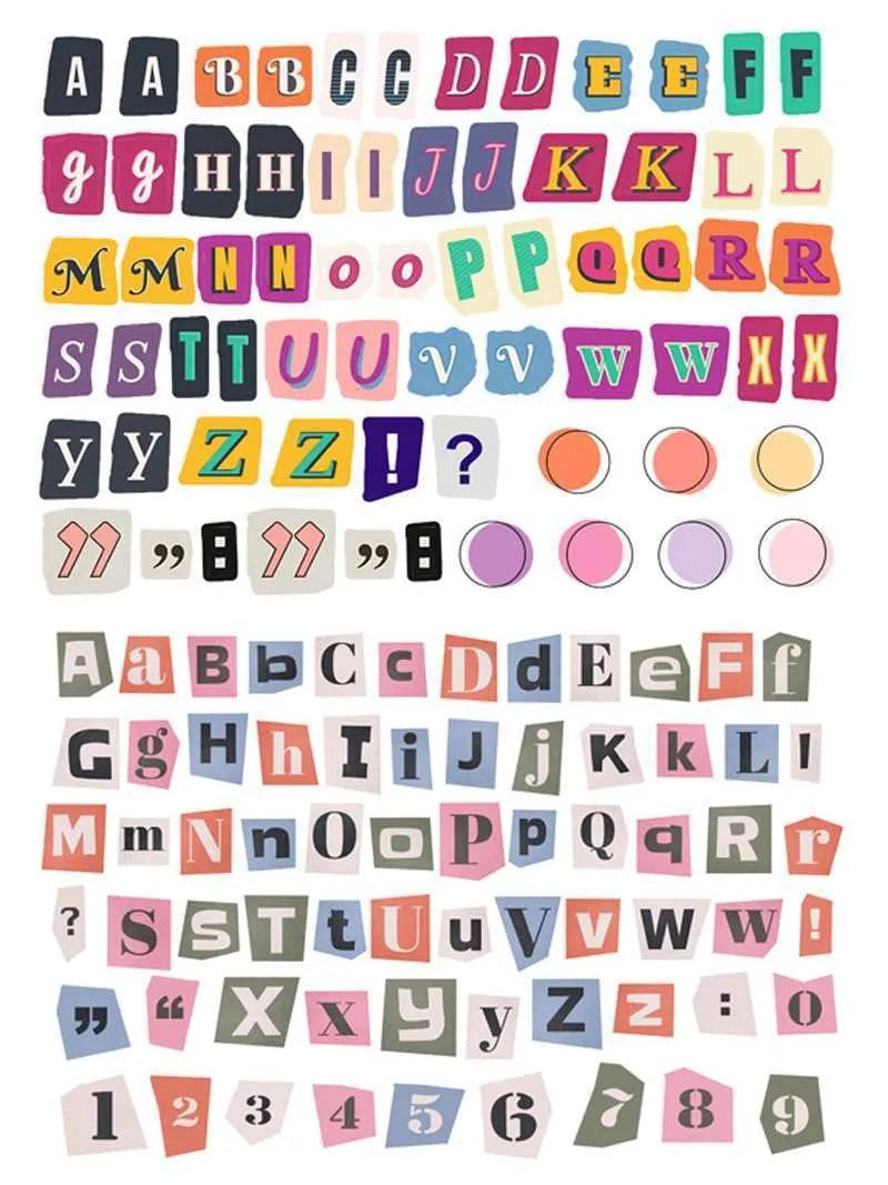 Set of printed cute style decoration stickers showing English letters, numbers, and weekly words on sheets.