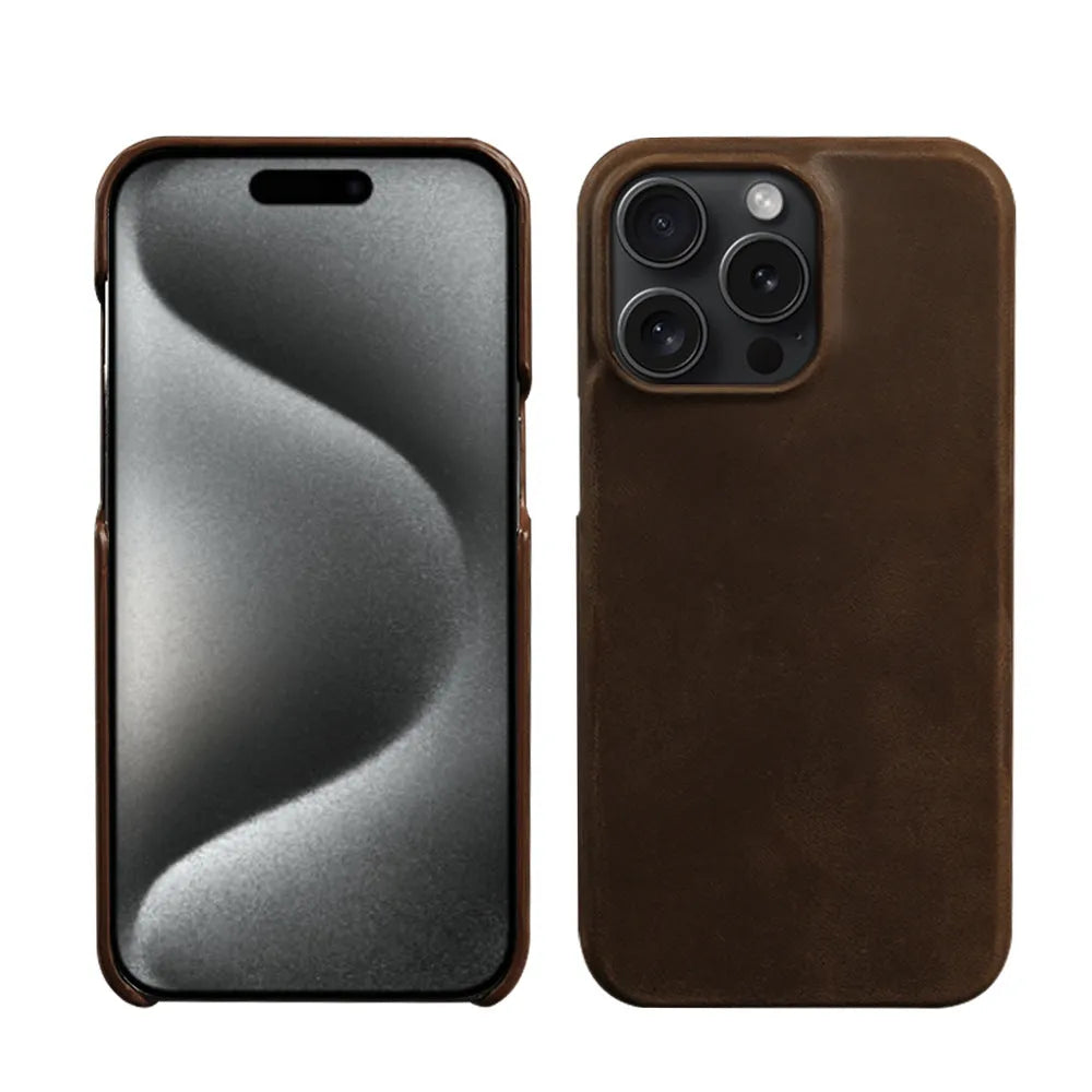 Genuine leather Crazy Horse pattern phone case for iPhone showing textured brown finish and precise camera cutout