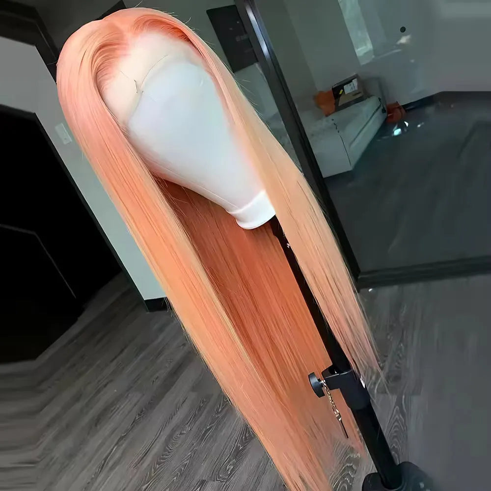 Light orange long straight front lace synthetic wig with side bangs on a model.