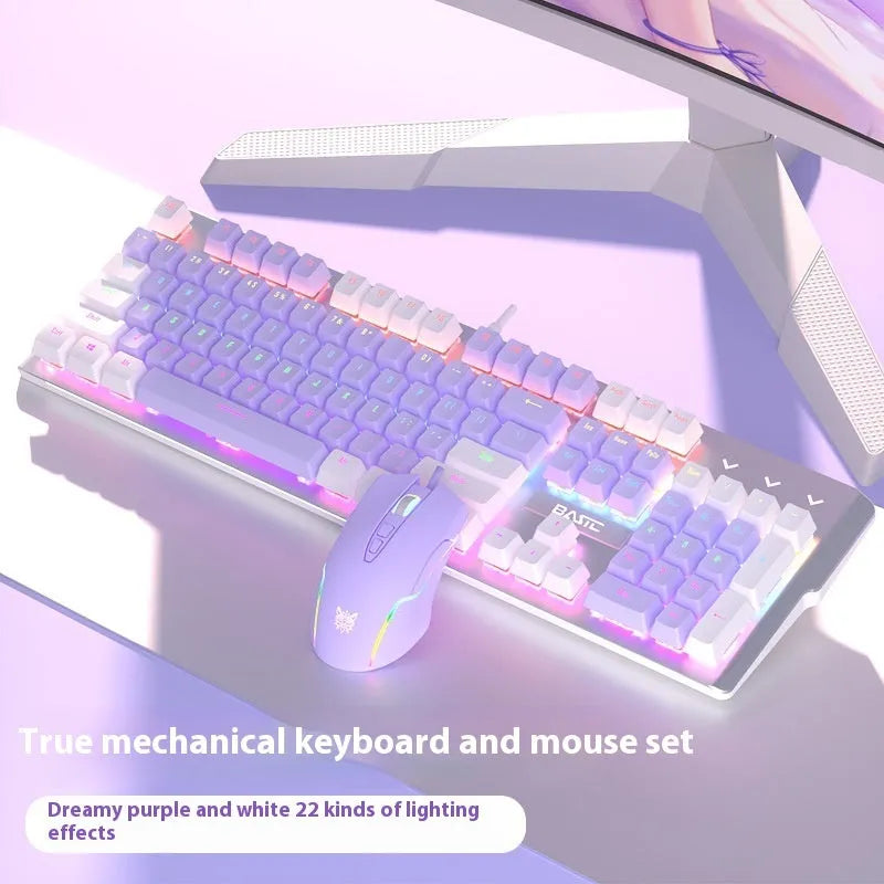 Purple and white mechanical keyboard and wired mouse set with backlit keys on a desk.