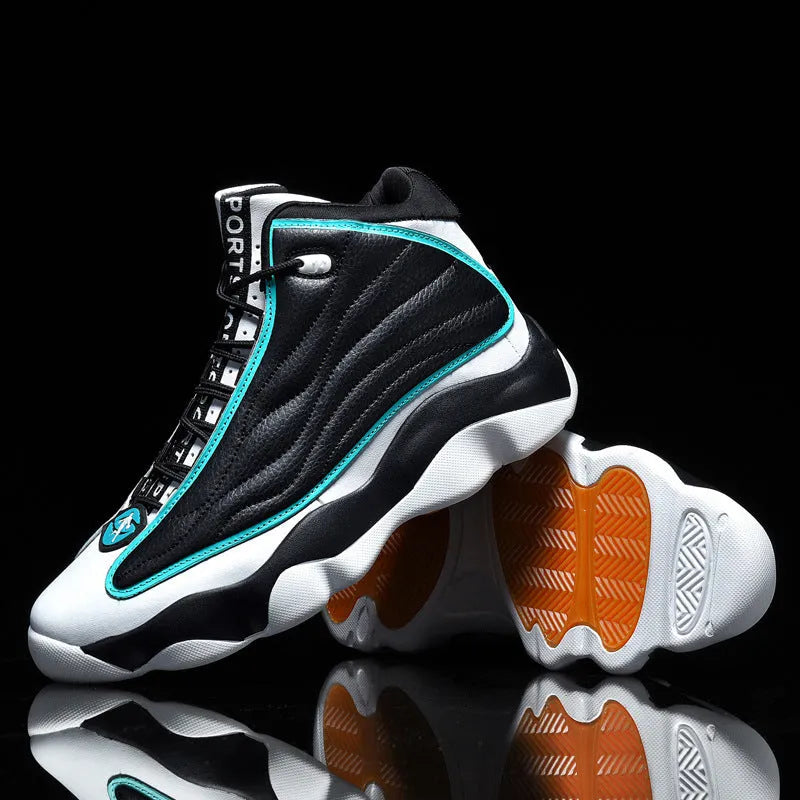 Men's high-top basketball shoes with mesh upper and thick rubber sole in AJ13 colour options.