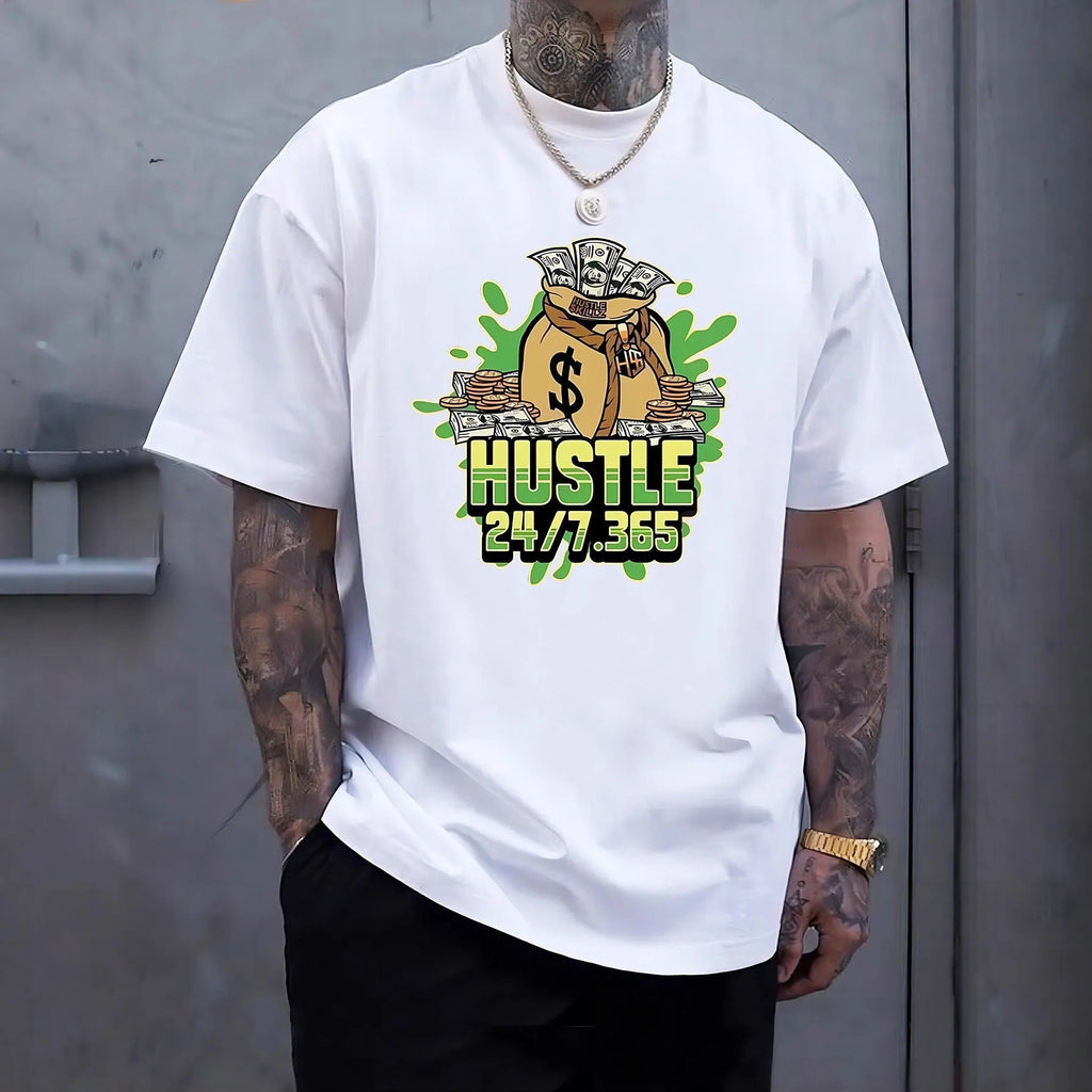Printed men's summer casual short sleeve breathable T-shirt in black loose fit polyester pullover