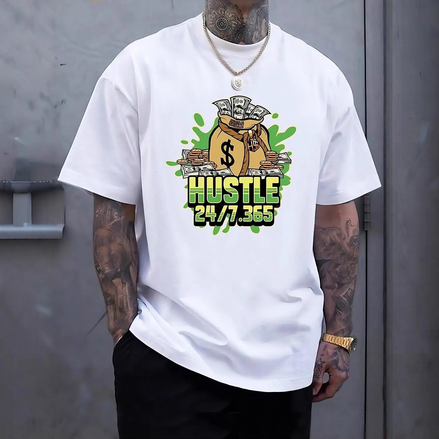 Printed men's summer casual short sleeve breathable T-shirt in black loose fit polyester pullover