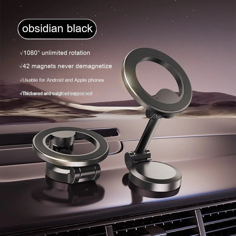Black all-metal magnetic car phone mount with foldable bracket on vehicle dashboard