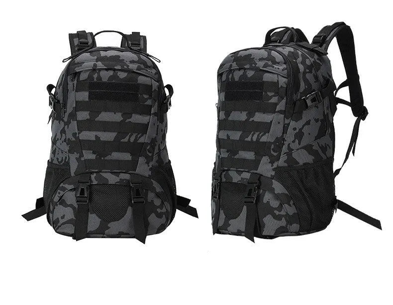Outdoor mountaineering backpack in Oxford cloth shown in a camouflage colour with air pillow belt system.