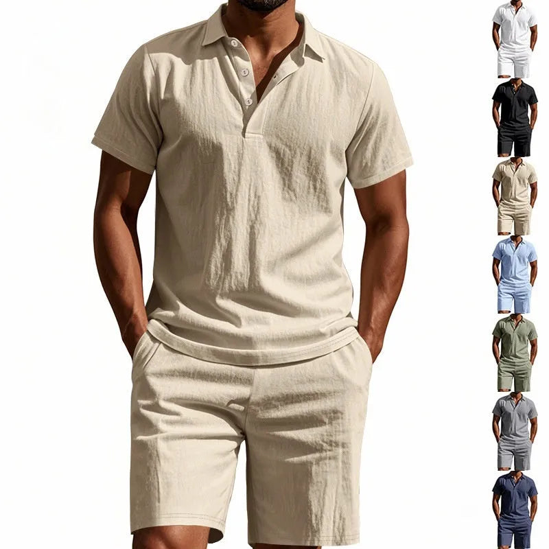 Men's light-coloured linen summer suit with short-sleeved shirt and matching shorts on hanger