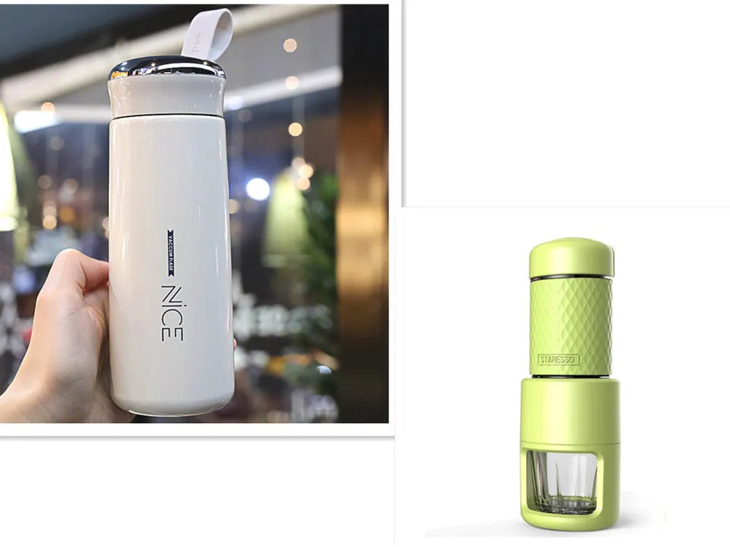 Portable manual espresso coffee machine in stainless steel, 7x7x20.3 cm, available in multiple colours
