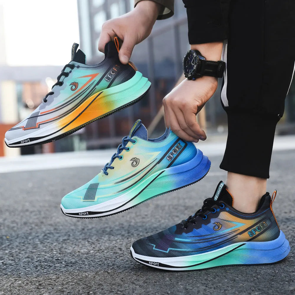 Mesh breathable running shoes for men in gray orange and black blue, low top with PVC sole