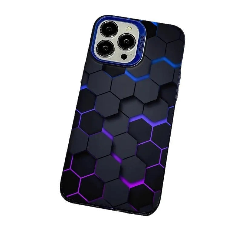 Frosted iPhone case with a contrasting honeycomb square design on the back in Moonlight Black.