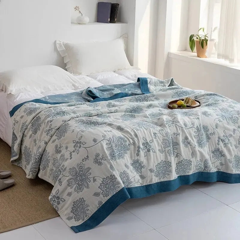 Pure cotton five-layer gauze bed sheet blanket with Roulette Wheel Blue pattern in modern simplicity style