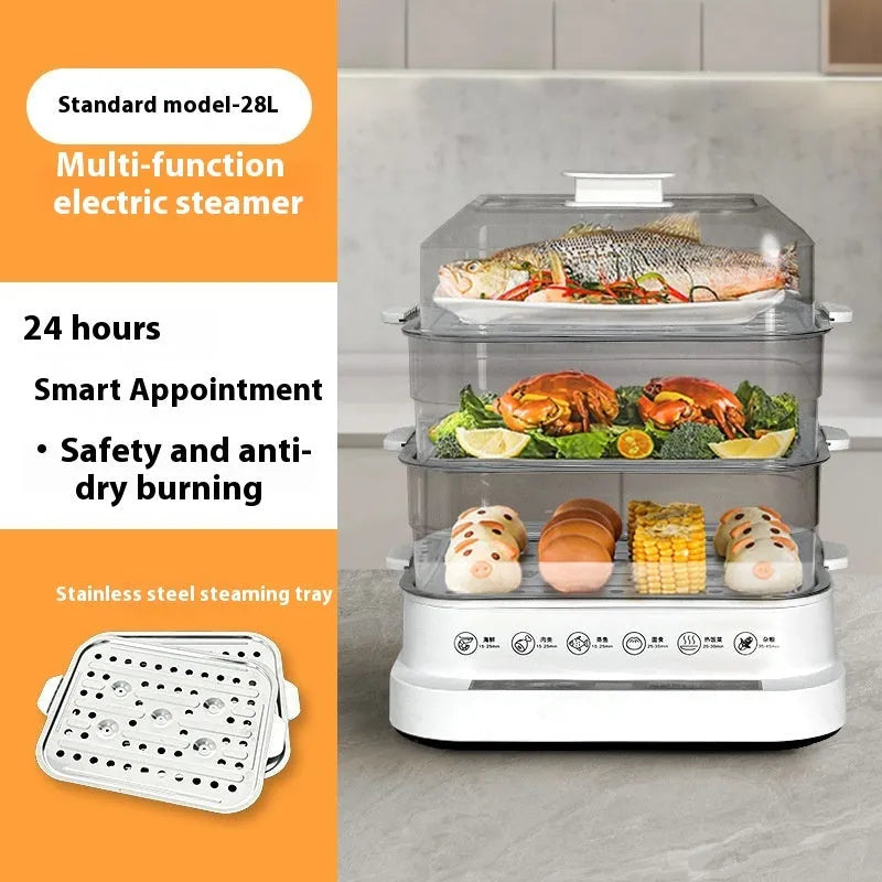 Stainless steel household electric steamer appliance with digital display and steaming rack.