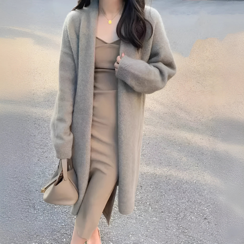 Women's loose fit mid-length knitted cardigan in khaki colour with V-neck and long sleeves