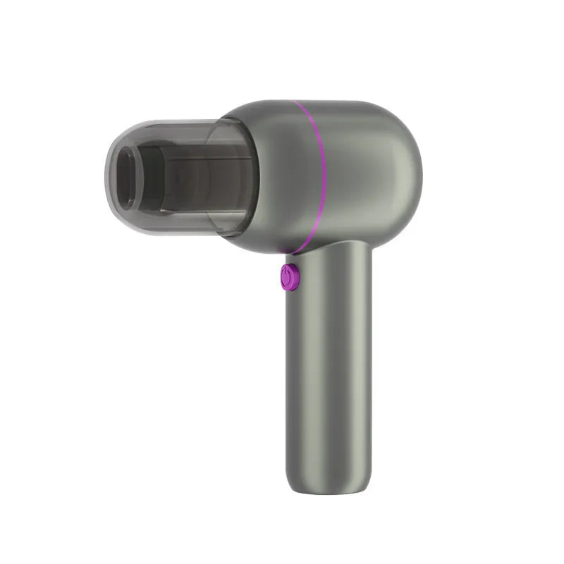 Grey handheld portable car cleaner with rechargeable battery, dust bin, and suction nozzles