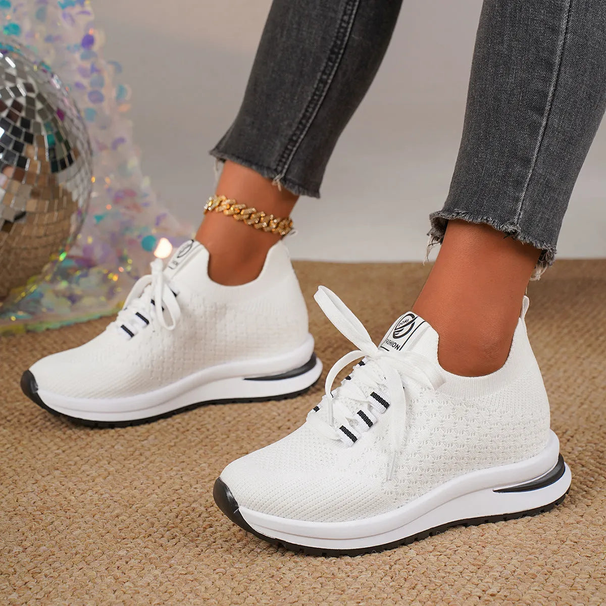 Plus size women's lace up mesh platform flat pumps in black with round toe and rubber sole