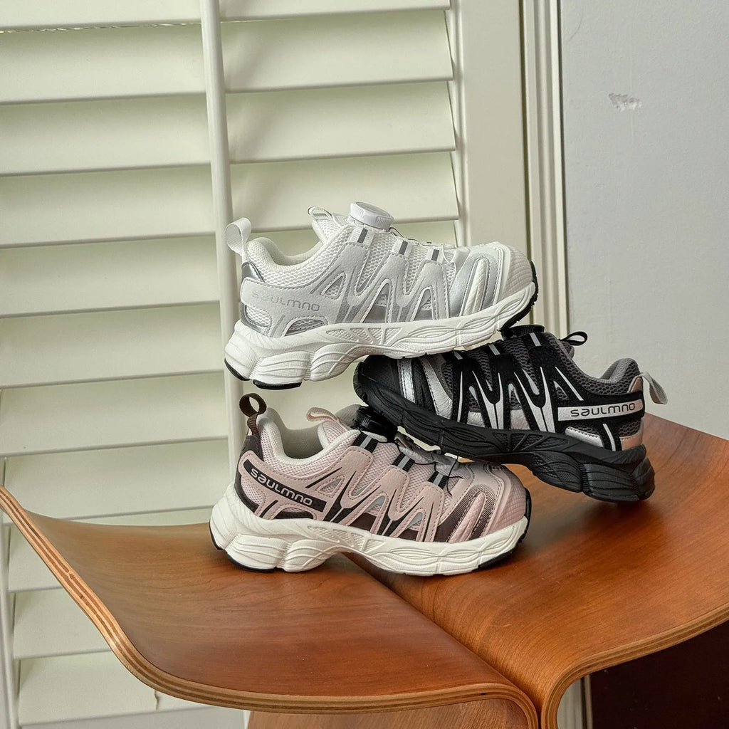 Girls casual slip-on shoes in black, beige, and pink with breathable mesh upper