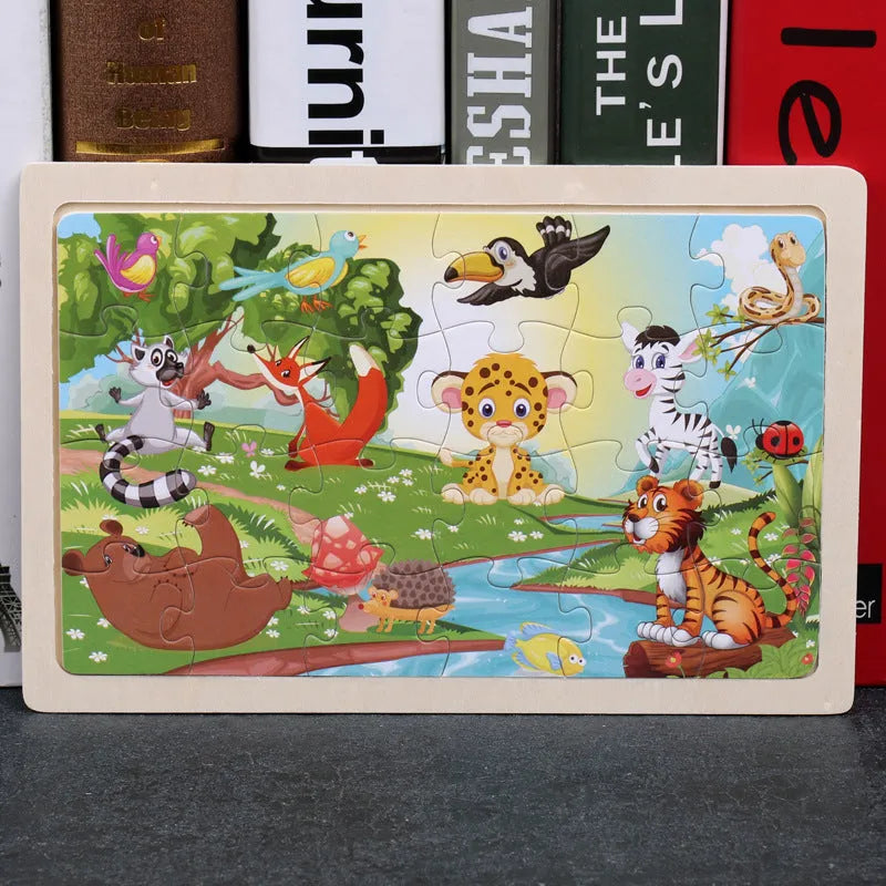 80-piece wooden animal puzzle set in iron box, designed for children aged 3 and over, featuring bear and riding themes