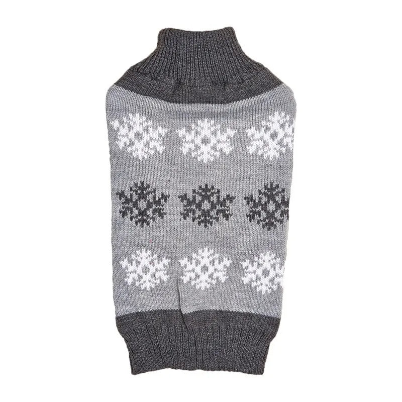 Dark brown and grey dog Christmas sweater with snowflake pattern, acrylic knit construction