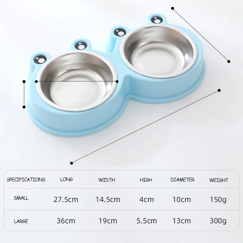 Stainless steel pet double feeding bowl in blue, green, or pink colour for cats and dogs.