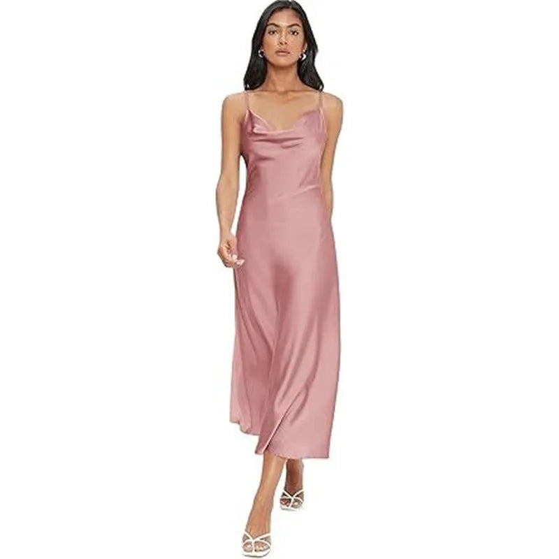 Strap satin without back pajamas dress for women in sleeveless style with wide waist in red black pink dark green navy blue